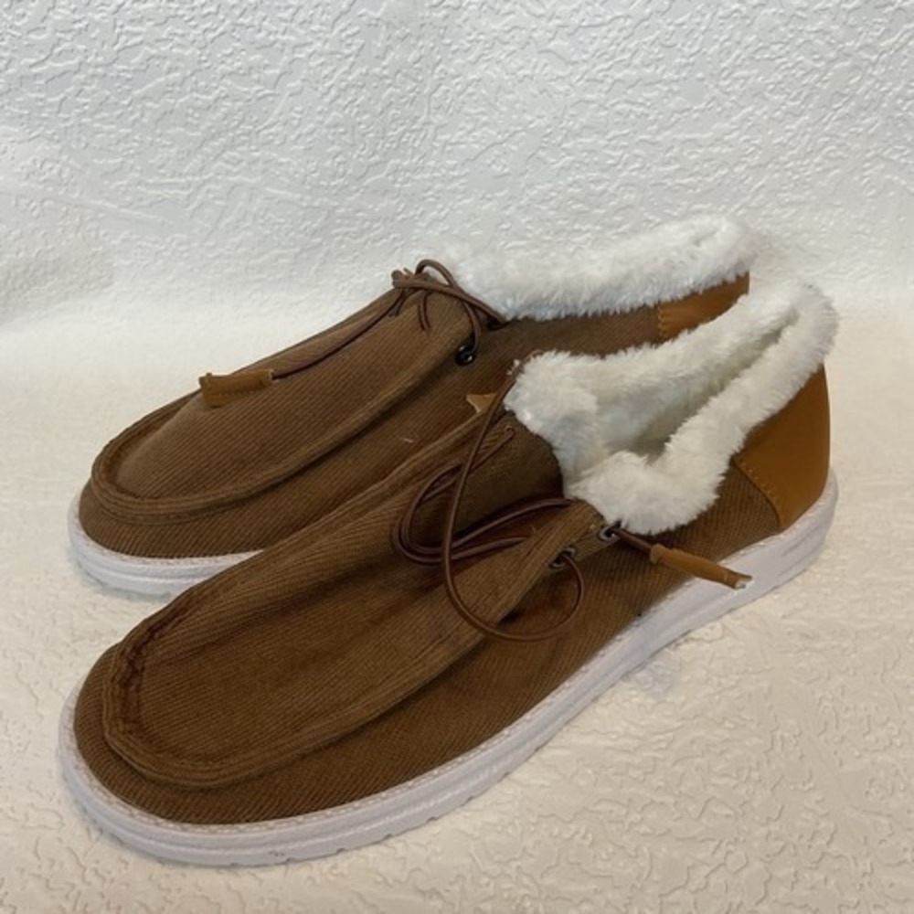 NWOB Brown/Beige Sherpa Lined Corduroy Slip-On Flats Loafers Women 40/US10 China